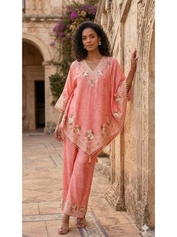 PIRRA DESIGN - Women's Pink Natural Crape V-cut Kaftan Kurti With Palazzo