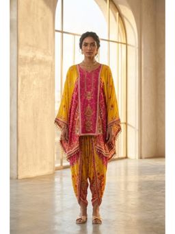 PIRRA DESIGN - Women's Yellow-Pink Printed Kaftan Kurti with Dhoti