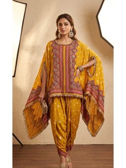 PIRRA DESIGN - Women's Mustard Yellow and Sky Blue Natural Crape Kaftan Kurti with Salwar