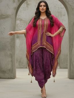 PIRRA DESIGN - Women's Pink and Purple Natural Crape Kaftan Kurti with Salwar