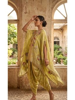 PIRRA DESIGN - Women's Lime Green Natural Crape Kaftan Kurti with Salwar