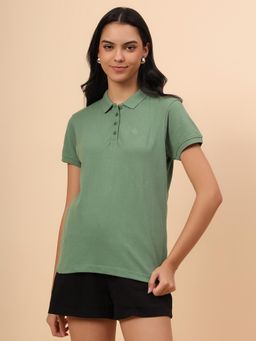 Cantabil - Women Green Cotton Solid Regular Fit T-Shirt