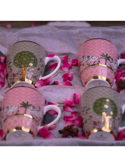Kaunteya - Gift Set 2 Pichwai Green Mugs And 2 Pichwai Pink Mugs