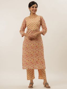 Yufta - Women Pastel Yellow Floral Print Hand Work Cotton Kurta With Pant Set (Set of 2)