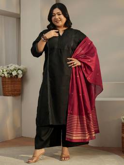 Extra love by Libas - Black Solid Zari Kurta with Palazzo and Dupatta