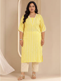 Extra love by Libas - Yellow Printed Lace Work Kurta