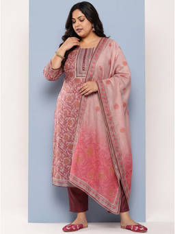 Extra love by Libas - Mauve Floral Printed Kurta with Pant and Dupatta