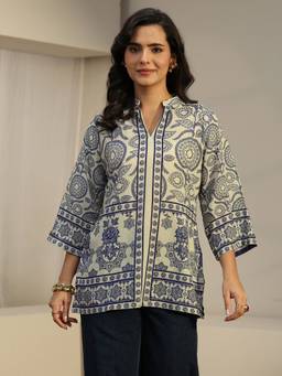 Libas - Off White-Blue Floral Printed Tunic