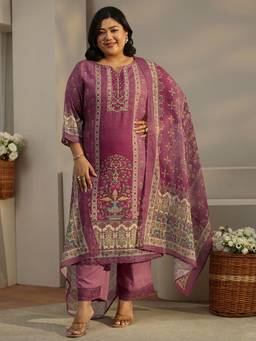 Extra love by Libas - Mauve Floral Printed Kurta with Palazzo and Dupatta