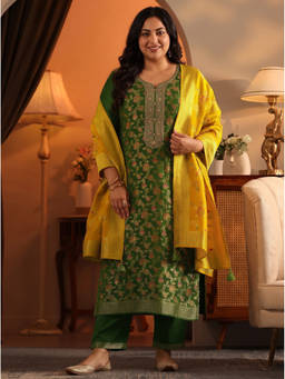 Extra love by Libas - Green Floral Woven Kurta with Pant and Dupatta