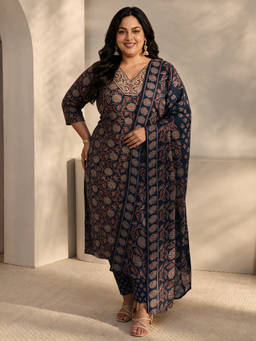 Extra love by Libas - Navy Blue Floral Printed Kurta with Pant and Dupatta
