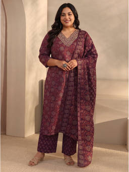 Extra love by Libas - Wine Floral Printed Kurta with Pant and Dupatta