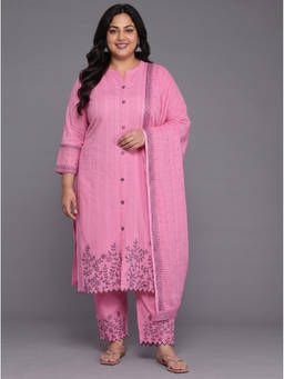 Extra love by Libas - Pink Embroidered Woven Kurta with Pant and Dupatta