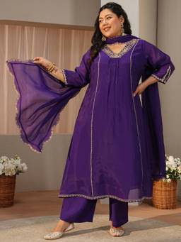 Extra love by Libas - Purple Embroidered Sequined Work Kurta with Pant and Dupatta
