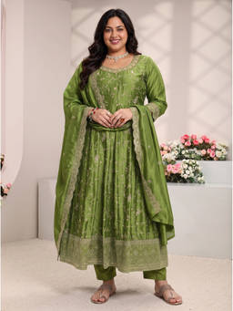 Extra love by Libas - Olive Floral Embroidered Anarkali Kurta with Pant and Dupatta