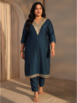Extra love by Libas - Teal Solid Mirror Work Kurta with Pant