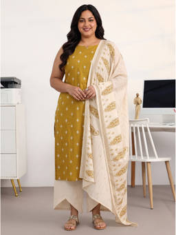 Extra love by Libas - Mustard Printed Woven Kurta with Pant and Dupatta