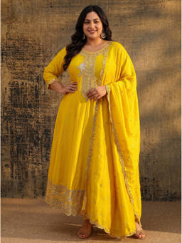 Extra love by Libas - Yellow Embroidered Sequined Work Anarkali Kurta with Pant and Dupatta