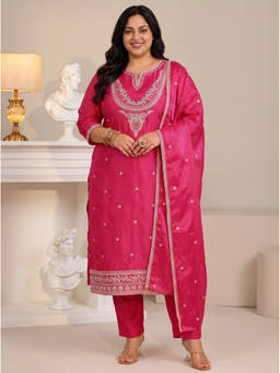 Extra love by Libas - Pink Embroidered Thread Work Kurta with Pant and Dupatta