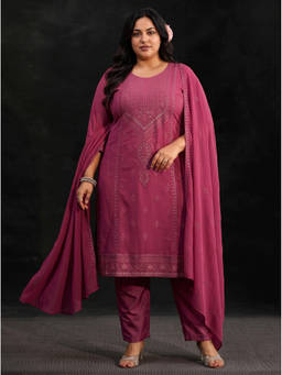 Extra love by Libas - Pink Embroidered Thread Work Kurta with Pant and Dupatta