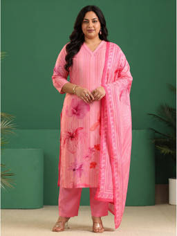 Extra love by Libas - Pink Floral Printed Kurta with Pant and Dupatta