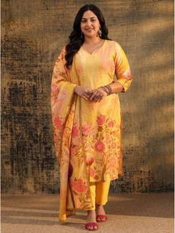Extra love by Libas - Yellow Floral Printed Kurta with Pant and Dupatta