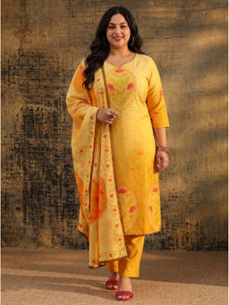 Extra love by Libas - Mustard Floral Printed Kurta with Pant and Dupatta