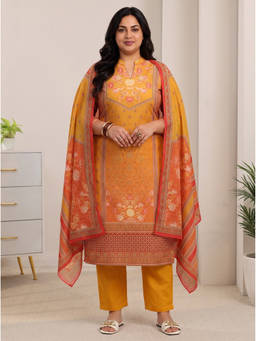 Extra love by Libas - Mustard Floral Printed Kurta with Pant and Dupatta