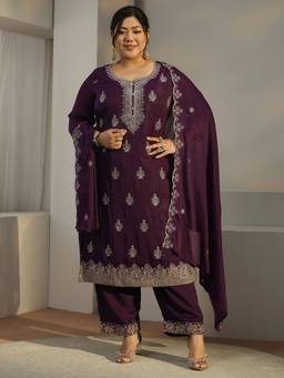 Extra love by Libas - Burgundy Embroidered Thread Work Kurta with Pant and Dupatta
