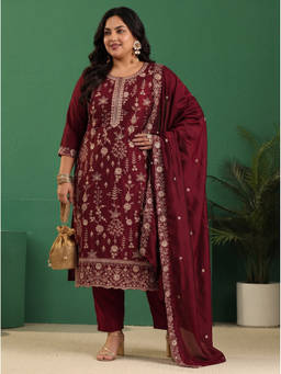Extra love by Libas - Maroon Floral Embroidered Kurta with Pant and Dupatta