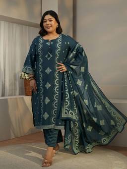 Extra love by Libas - Teal Printed Kurta with Pant and Dupatta
