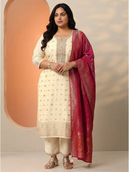 Extra love by Libas - Off White Woven Embroidered Kurta with Pant and Dupatta