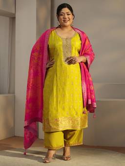 Extra love by Libas - Yellow Woven Embroidered Kurta with Pant and Dupatta