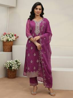 Libas - Purple Embroidered Thread Work Kurta with Pant and Dupatta