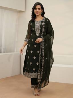 Libas - Dark Olive Embroidered Thread Work Kurta with Pant and Dupatta