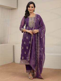 Libas - Purple Embroidered Thread Work Kurta with Pant and Dupatta