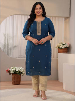 Extra love by Libas - Navy Blue Embroidered Zari Kurta