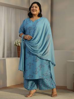 Extra love by Libas - Blue Floral Printed Kurta with Palazzo and Dupatta