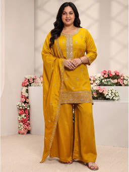 Extra love by Libas - Mustard Embroidered Sequined Work Kurti with Palazzo and Dupatta