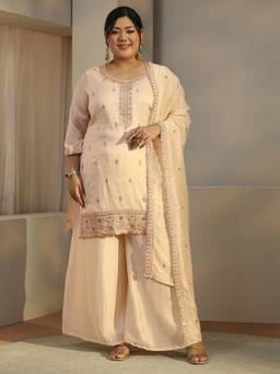 Extra love by Libas - Cream Embroidered Sequined Work Kurti with Palazzo and Dupatta