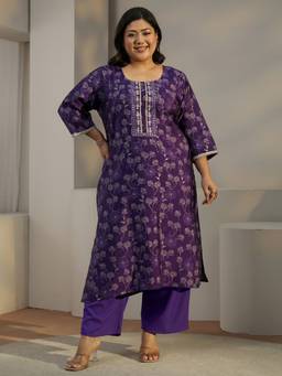 Extra love by Libas - Purple Floral Printed Kurta with Pant