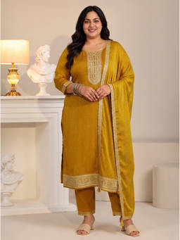 Extra love by Libas - Mustard Printed Embroidered Kurta with Pant and Dupatta