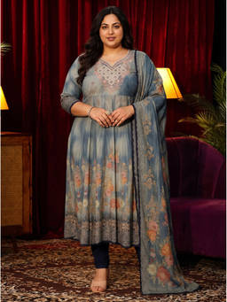 Extra love by Libas - Blue Floral Embroidered Anarkali Kurta with Pant and Dupatta
