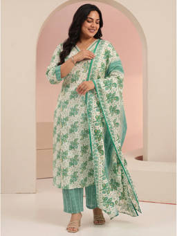 Extra love by Libas - Green Printed Mirror Work Kurta with Pant and Dupatta