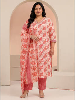 Extra love by Libas - Red Printed Mirror Work Kurta with Pant and Dupatta