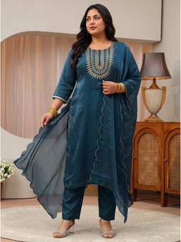 Extra love by Libas - Teal Embroidered Zari Kurta with Pant and Dupatta