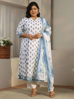 Extra love by Libas - White-Blue Floral Printed Kurta with Pant and Dupatta