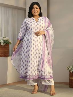 Extra love by Libas - White-Purple Floral Printed Kurta with Pant and Dupatta