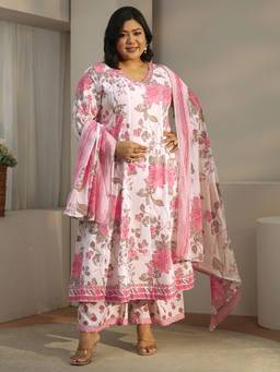 Extra love by Libas - White-Pink Floral Printed Anarkali Kurta with Palazzo and Dupatta