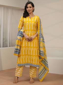 Libas - Yellow Printed Thread Work Kurta with Pant and Dupatta